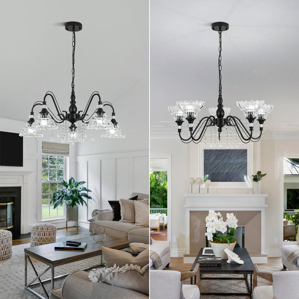 5-Light Chandelier in Matte Black Finish with Flower-Shaped Glass Shades and Hanging Crystal Accents, Farmhouse