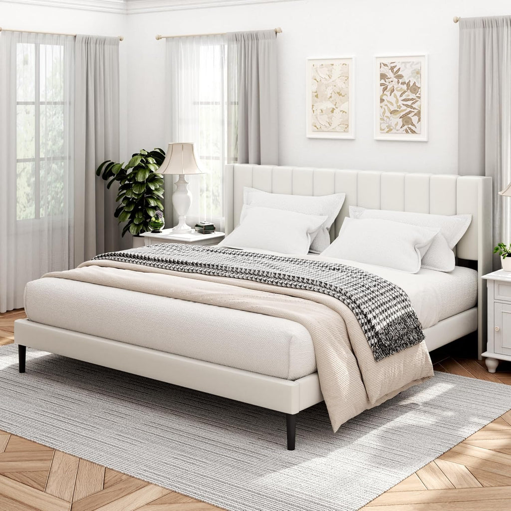 King Bed Frame and Headboard,Vertical Channel Tufted Wingback No Box Spring Needed, Mattress Foundation