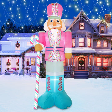10FT Christmas Inflatables Pink Nutcracker Hold Candy Cane, Christmas Blow up Yard Decoration Nutcracker Inflatable
