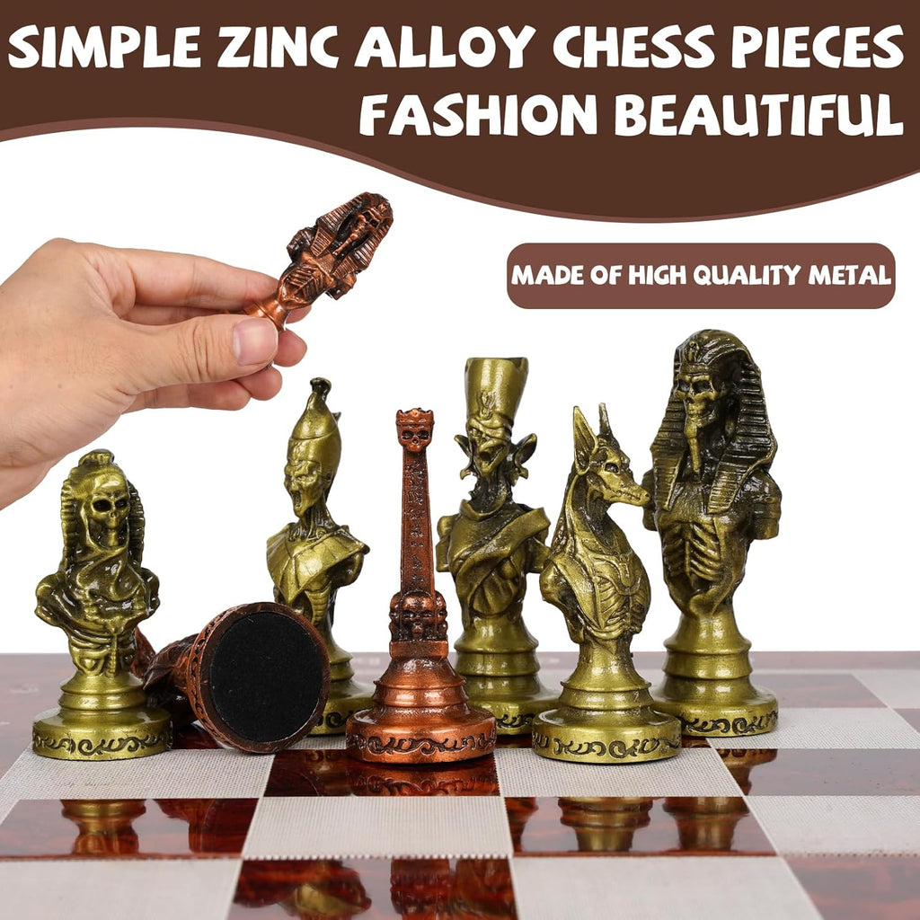 Large Egyptian Metal Chess Set for Adults - 15 Inch Foldable Wooden Chess Board with Weighted Antique Chess Pieces