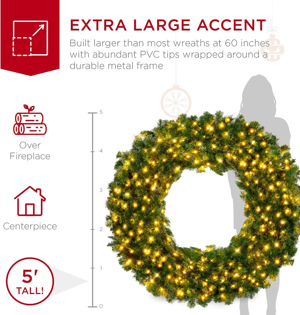 60in Large Artificial Pre-Lit Fir Christmas Wreath Holiday Accent Decoration w/ 300 LED Lights, 930 PVC Tips