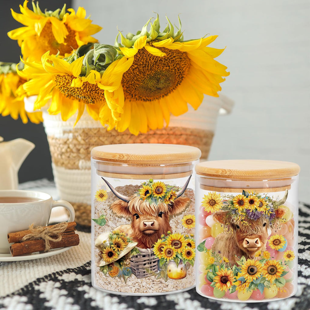 3Pcs Highland Cow Sunflower Glass Storage Jars With Airtight Lid Cattle Floral Decorative Canisters Sets for Cookie