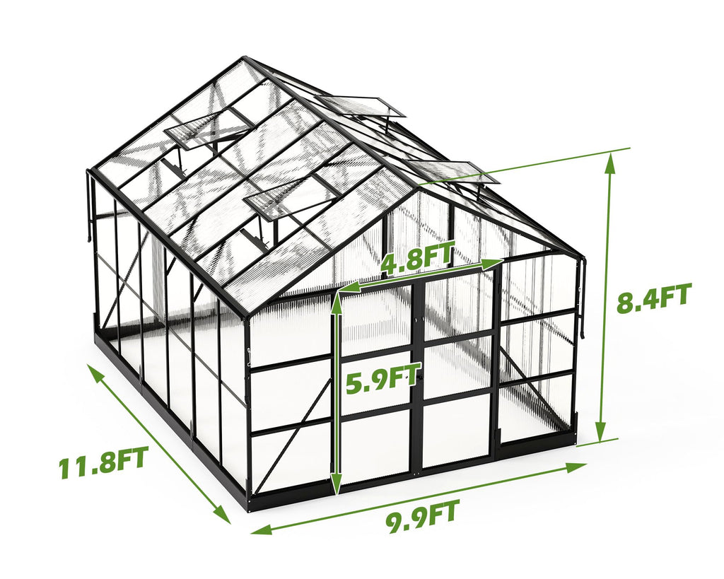 10x12 FT Polycarbonate Greenhouse with 4 Roof Vents