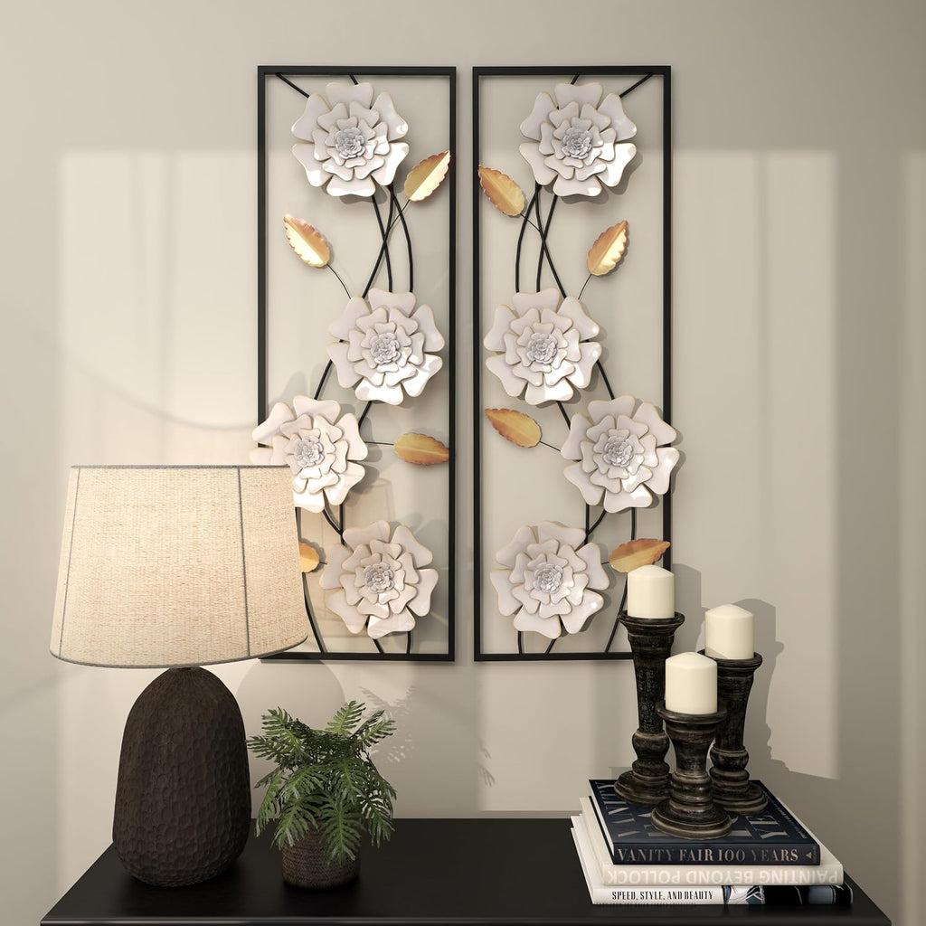 Metal Floral Home Wall Decor Dimensional Floating Wall Sculpture with Black and Gold Accents Wall Art 12"W - Set of 2