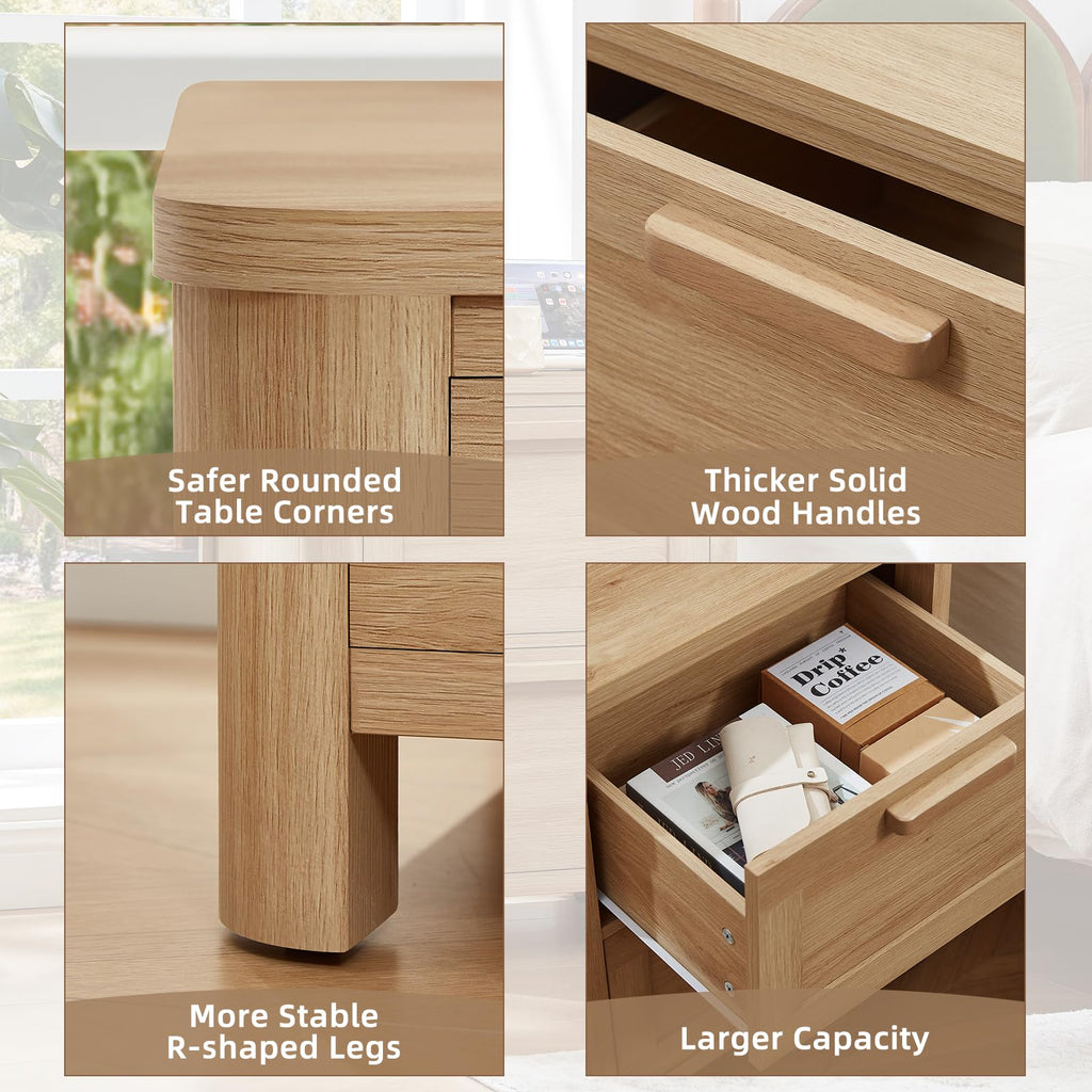 Farmhouse Night Stand Set of 2 with Charging Station, Natural Wood