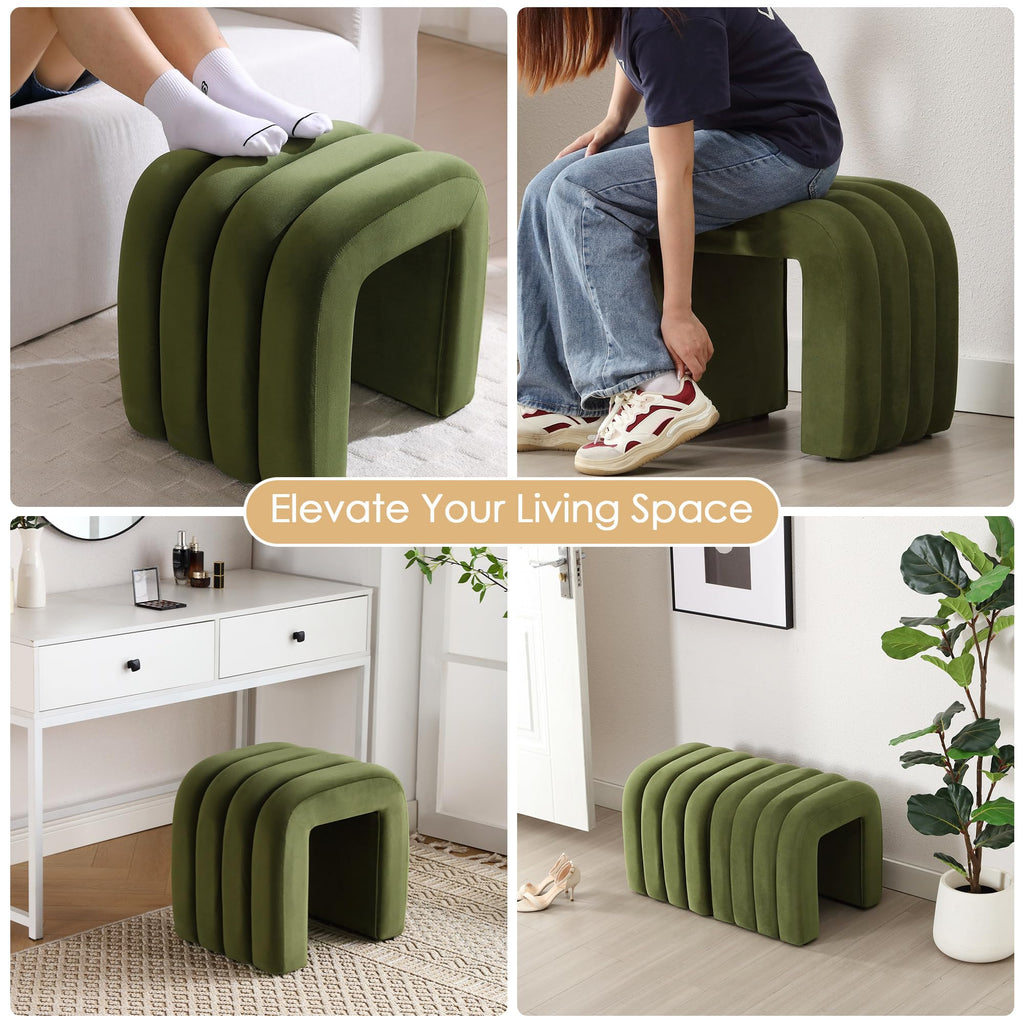 Velvet Pouf Ottoman, Olive Green Foot Rest for Couch 18 inch Cute Vanity Chairs for Makeup, Sturdy Frame, Living Room