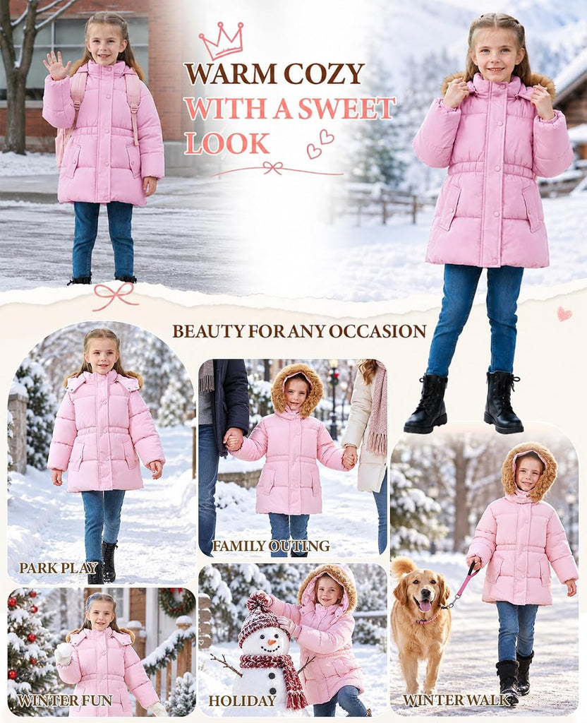 Toddler Girls Heavy Winter Coat, Long Waterproof Puffer Jacket Hooded