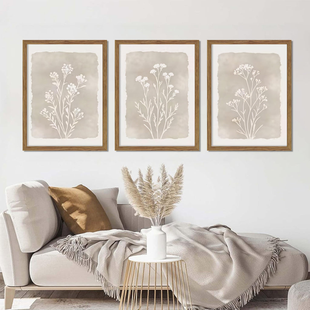 Framed Boho Botanical Flower Wall Art Set of 3, Vintage Minimalist Neutral Floral Wall Decor Paintings, Rustic