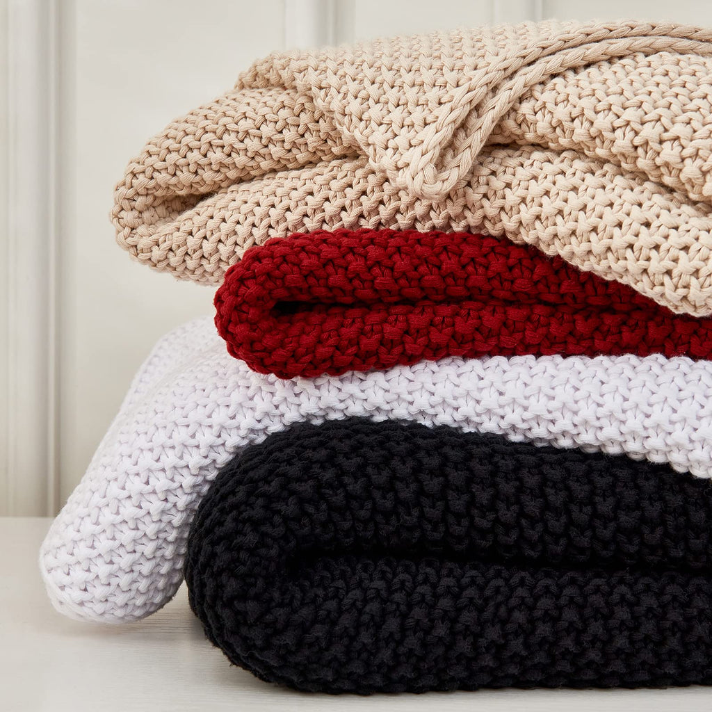 Chunky Cable Knit Throw Blanket Lightweight Beige 100% Organic Cotton Blanket for Sofa Couch Bed Baby Nursery, Rustic
