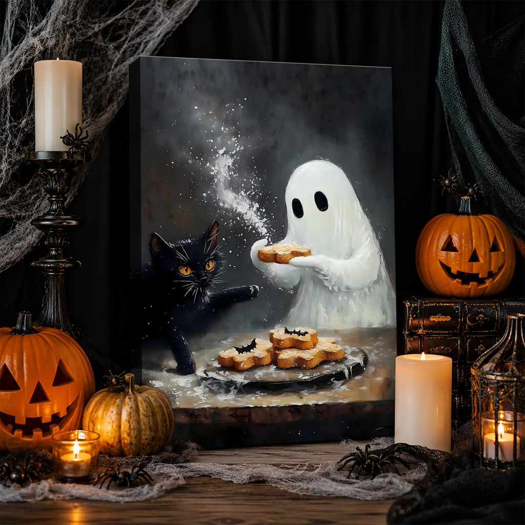Framed Halloween Canvas Wall Art Adorable Ghost and Black Cat Baking Treats, Cozy Vintage Farmhouse Artwork, Canvas