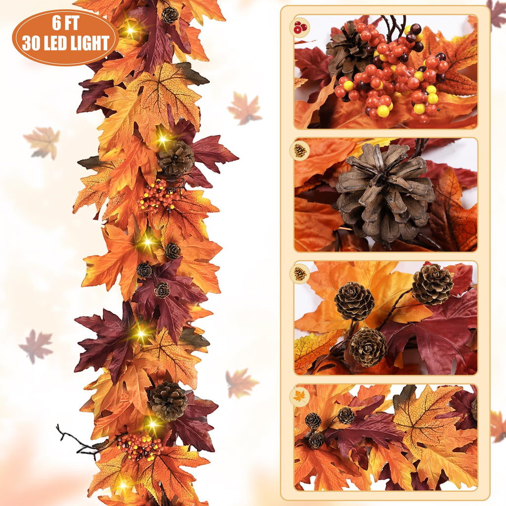 6Ft Fall Garland with 30 Lights & Timer Mantle Decor