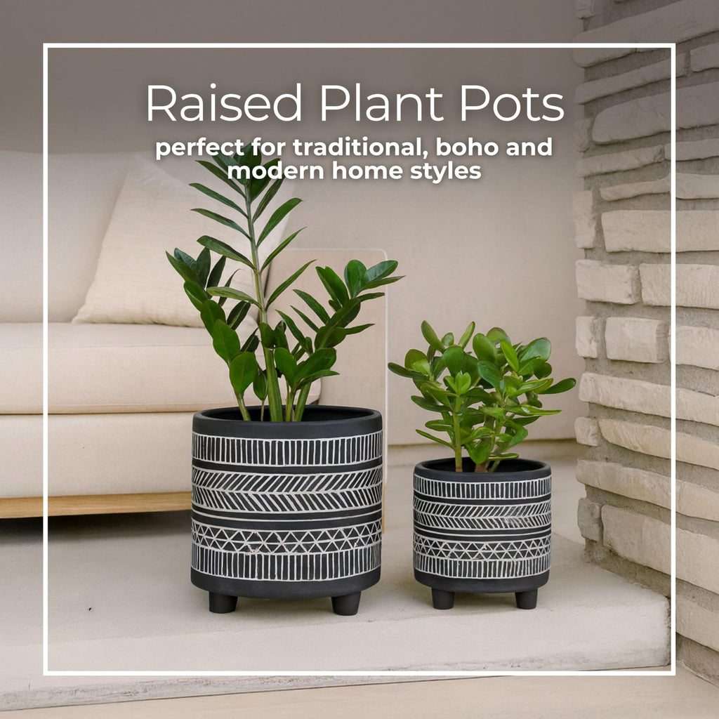 Set of 2 Tribal Look Footed Decorative Planter Pot - Ceramic Stoneware Outdoor and Indoor Plant Pot - Modern Garden
