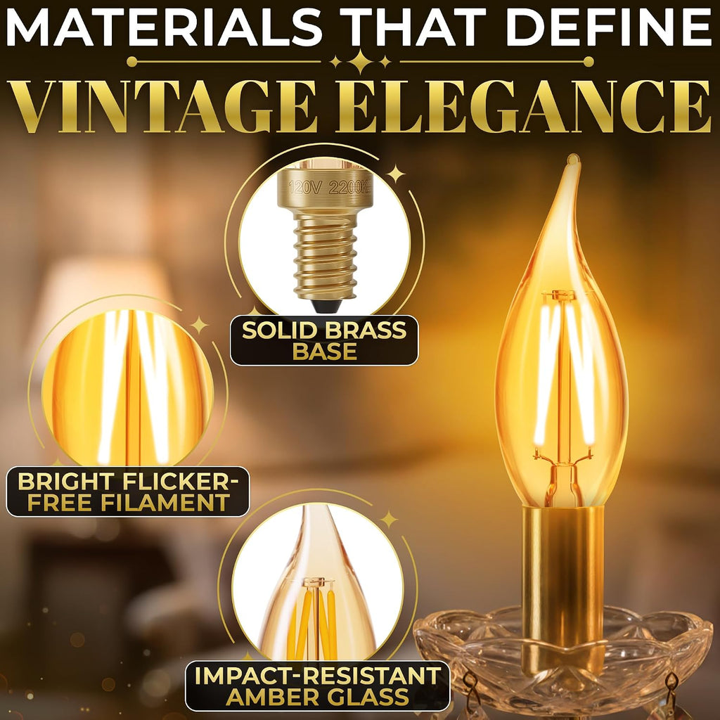E12 Amber Light Bulbs 40 Watt Equivalent, 6 Pack, 4W 2200K for Candelabra