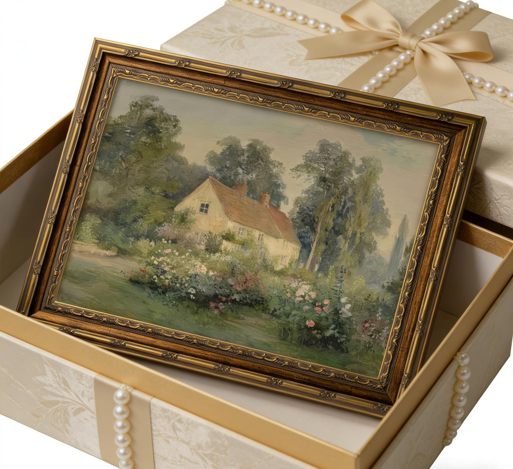 Vintage Carved Gold Frame Canvas Wall Art Classical Nature Landscape Painting Picture Wall Decor Rustic Cottage