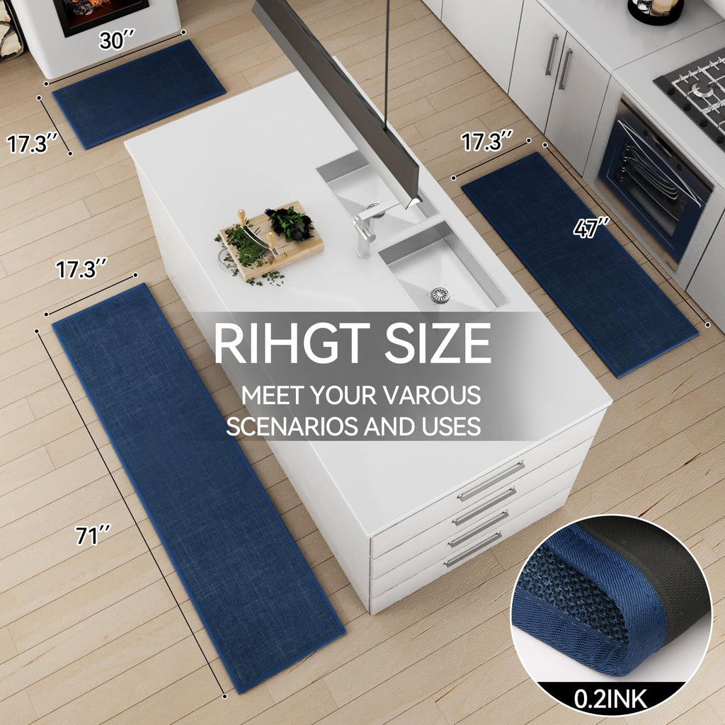Kitchen Mats Set of 2 PCS for Floor, Washable Non Slip Rugs, Dark Blue