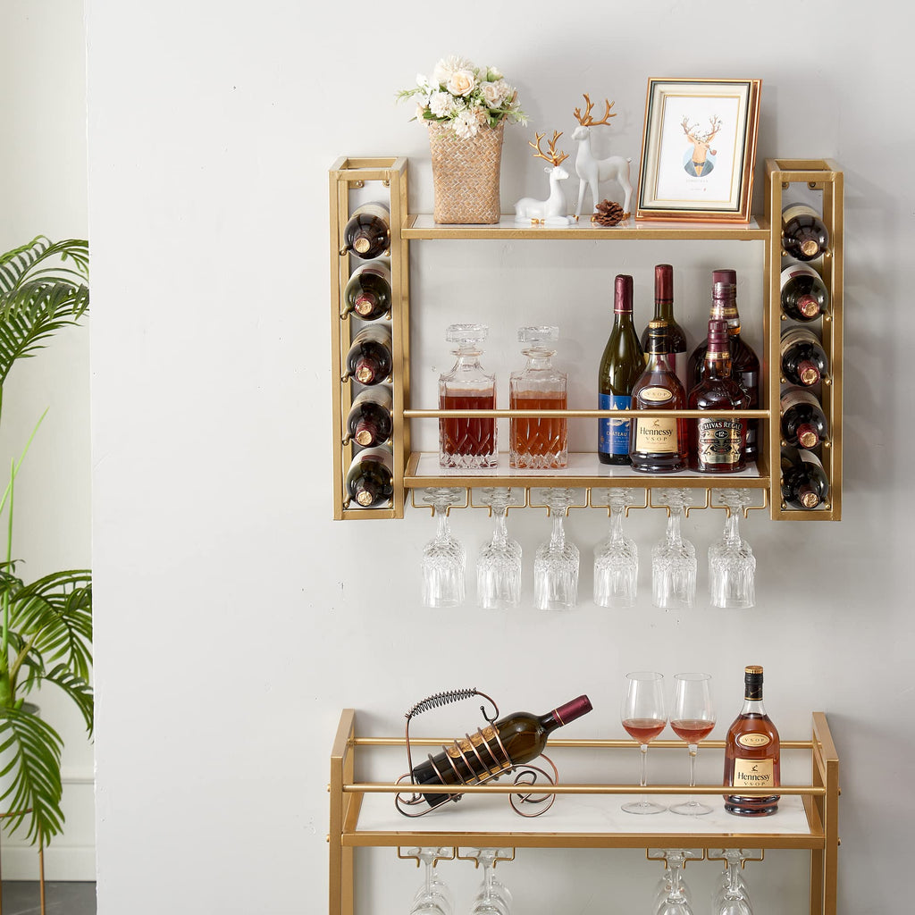 Wall Mounted Wine Rack with Glass Holder, Metal Bottle Holder Wine Storage Display Shelf Bar Dining Room Kitchen