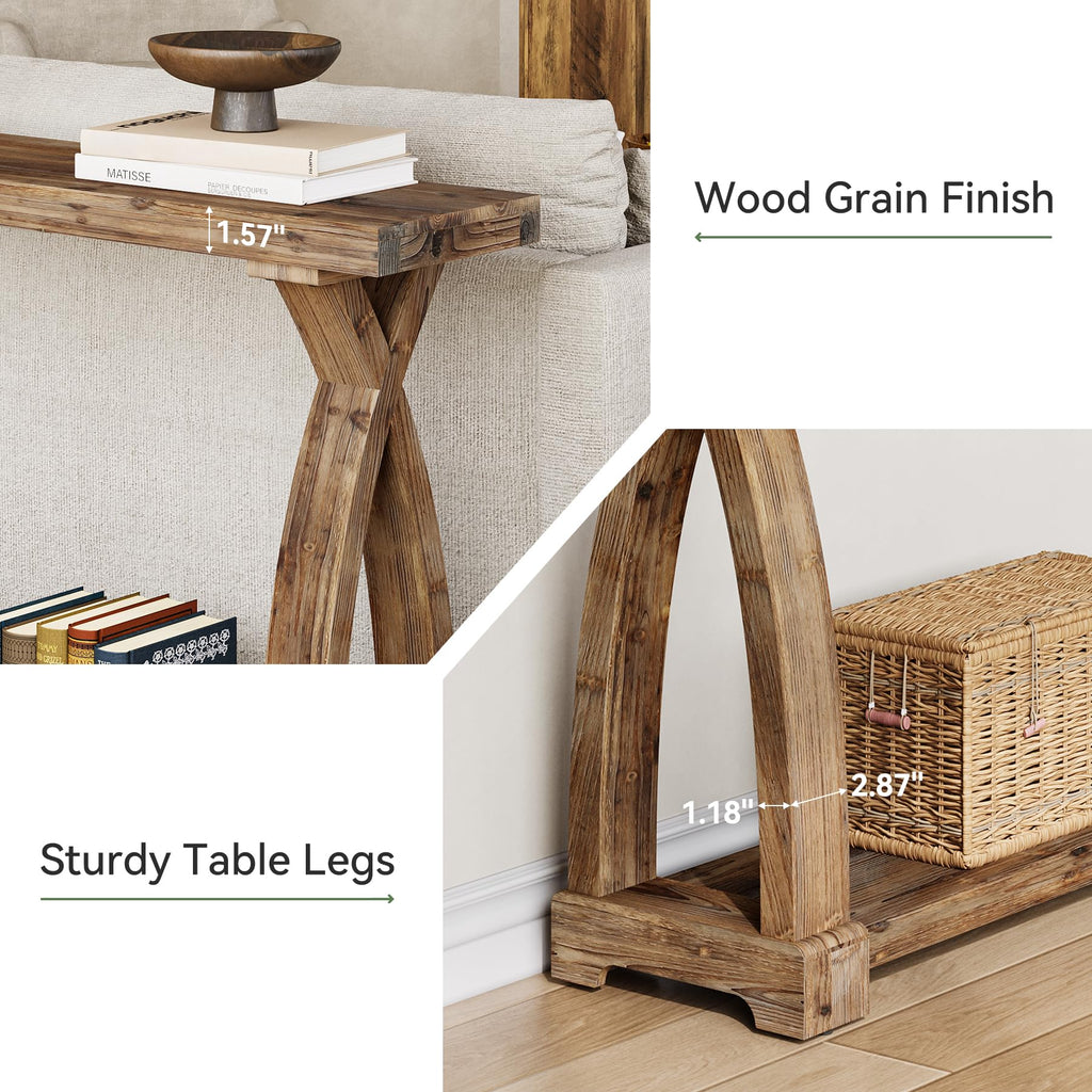Solid Wood Console Table, 63-Inch Narrow Farmhouse Couch Table Behind Sofa with 2-Tier Storage for Entrance, Foyer