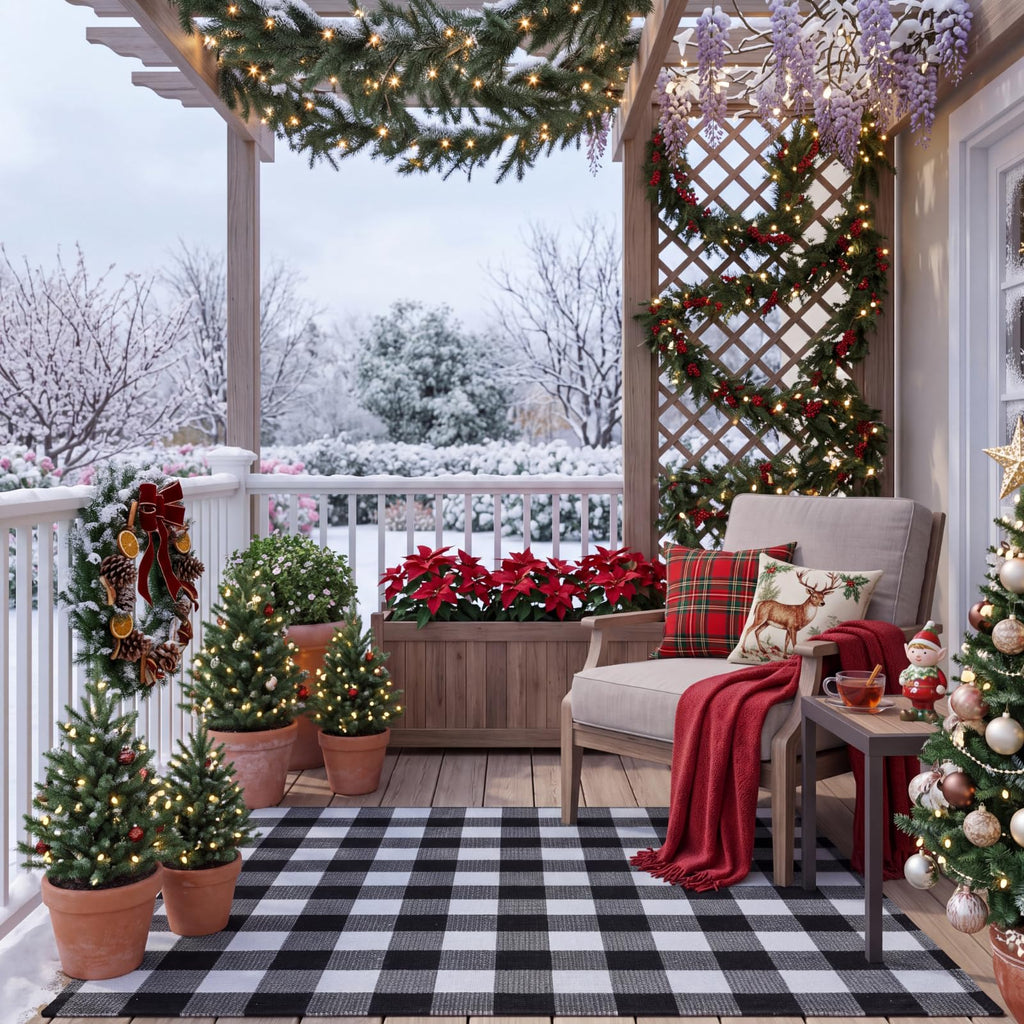 4' x 6' Christmas Outdoor Rug, Plaid Buffalo, Black and White