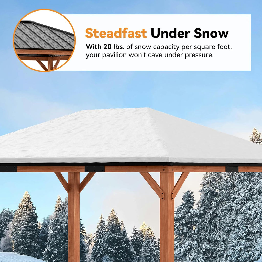 Modern Shade Wood Gazebo 12' x 16', Permanent Hardtop Gazebo with Galvanized Steel Roof, Mosquito Netting and Curtains