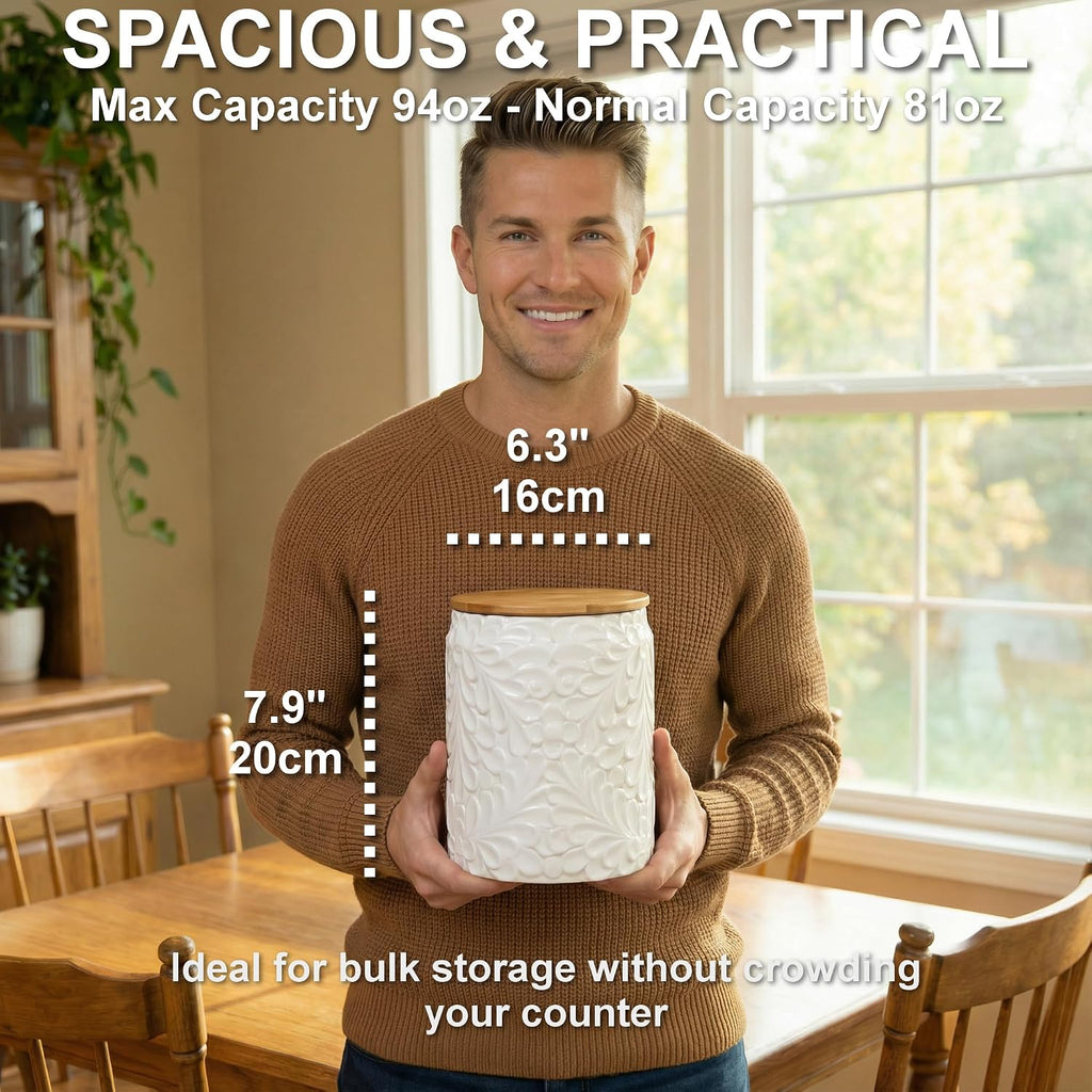 XXL 94 Oz Engraved Ceramic Kitchen Canister, Airtight Bamboo Lid