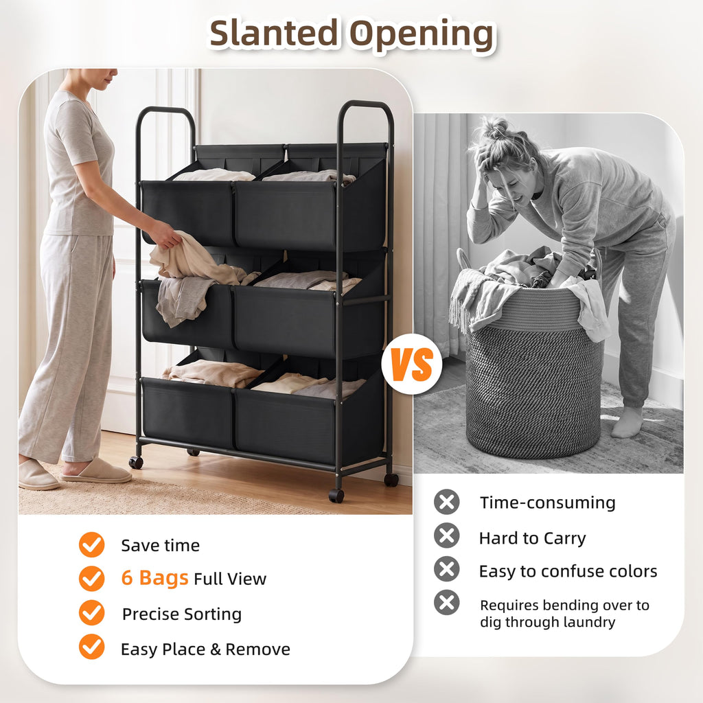 3-Tier Double Column Vertical Rolling Laundry Hamper, 6 Removable Bags, Black