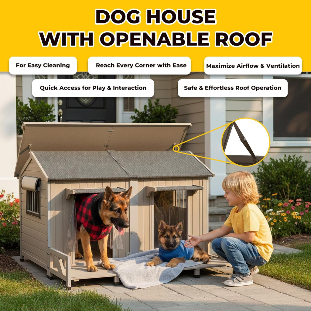 Extra Large Outdoor Dog House with Balcony, Weatherproof Kennel for 2 Dogs