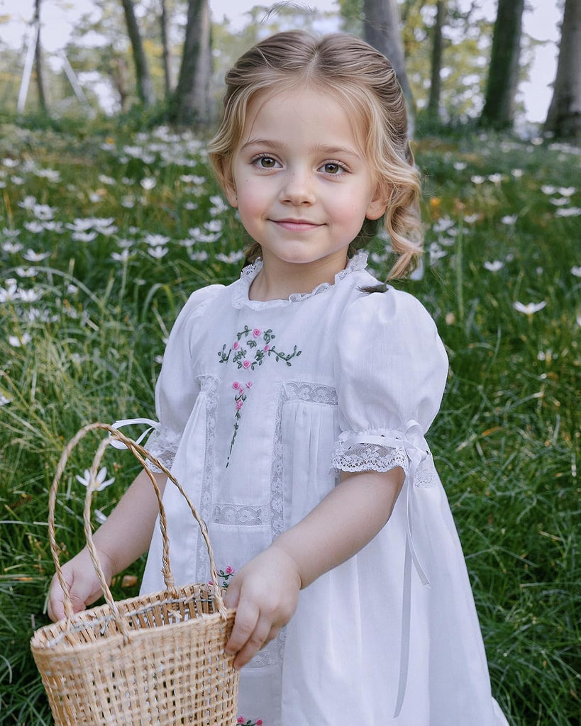 Toddler Girls White Princess Lace Dress | Vintage Floral Embroidered Heirlown Gown | Kids' Special Occasion Party