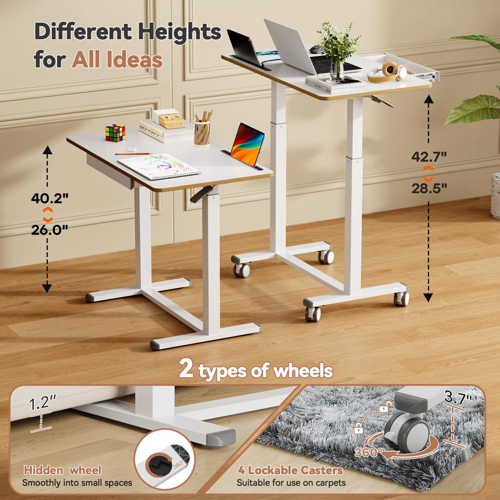 Mobile Standing Desk with Drawer, Height Adjustable, 35" White