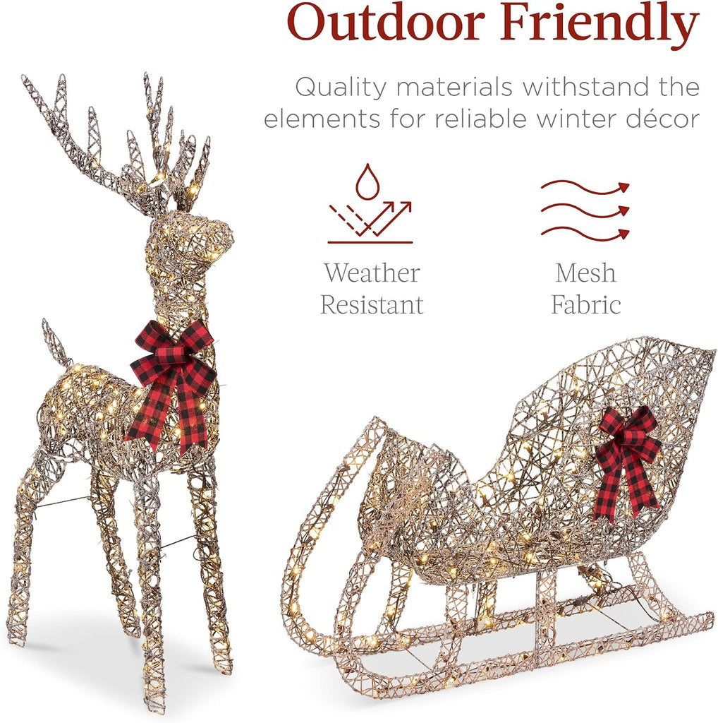 Lighted Christmas 4ft Reindeer & Sleigh Holiday Outdoor Yard Decoration Set w/ 205 LED Lights, Stakes, Zip Ties