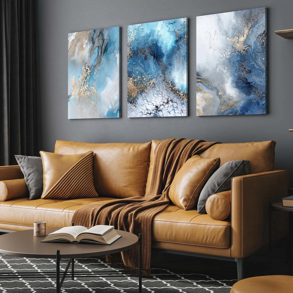 3 Piece Canvas Wall Art, Modern Abstract Blue and Gold Marble Ink Framed Wall Decor Bedroom Office, 12x16 Inch, with