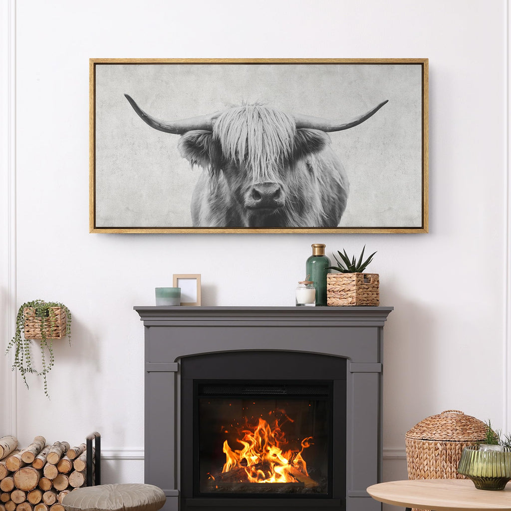 Extra Large Framed Canvas Print Wall Art Highland Gentleman Portrait of a Highland Cow Illustrations Modern Art