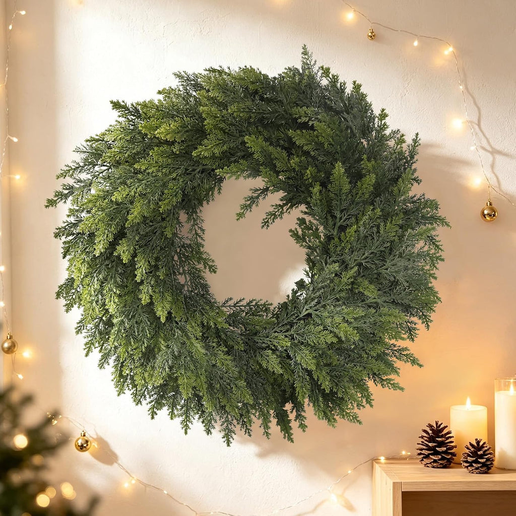 26" Christmas Cedar Wreaths for Front Door, Real Touch Handmade Full Artificial Cedar Wreath Set, Faux Greenery