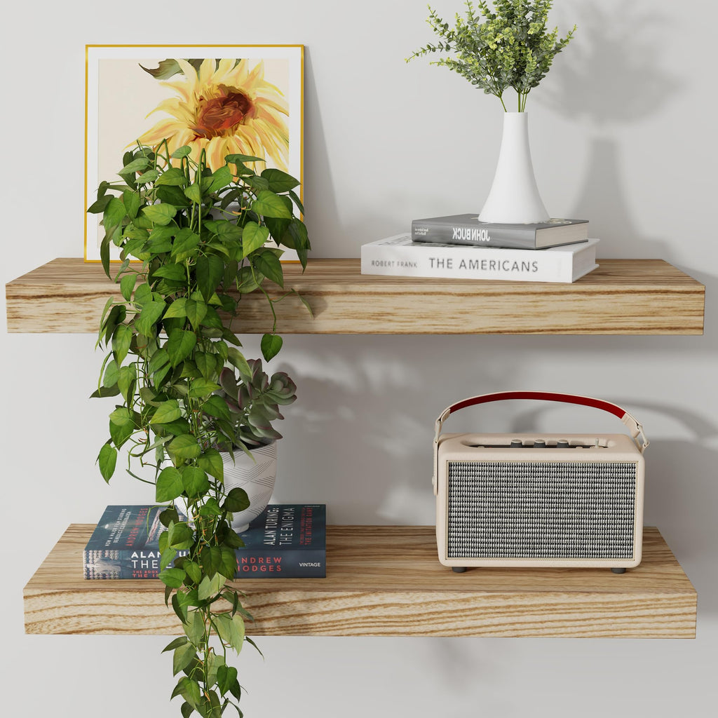 Floating Shelves, 2 Pack 8 Inch Deep Modern Solid Wood Wall Shelves for Storage, Wall Mounted Display Shelving with