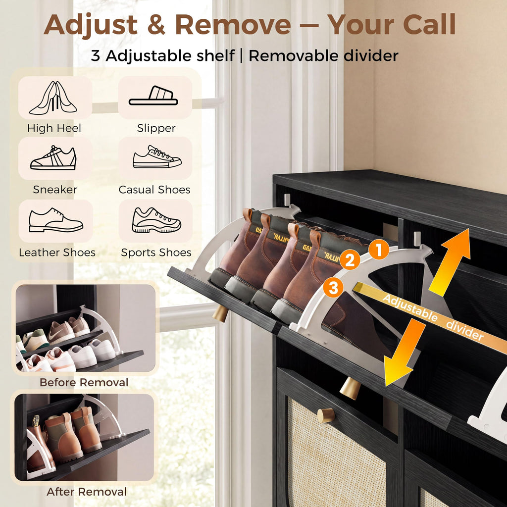 Rattan Shoe Cabinet, 9.5" Ultra-Thin Narrow Shoe Rack with 4 Flip Drawers, Boho Slim Shoe Storage Organizer with