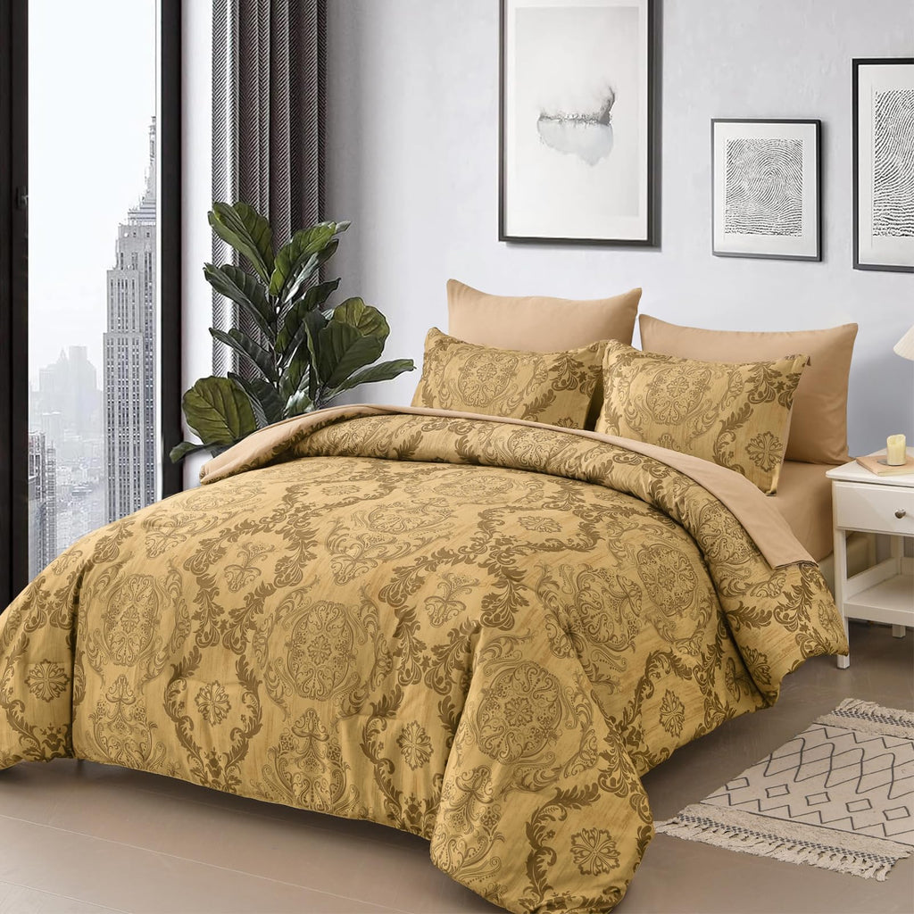 Gold Comforter Set King Size, Damask Texture Design 7 Pieces Bed in a Bag Microfiber Comforter Bedding Sets -1