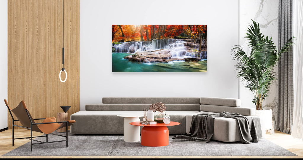 Wall Art Canvas Painting Red Forest Waterfalls 1 Piece Modern Landscape Tree Picture Poster Print Framed and