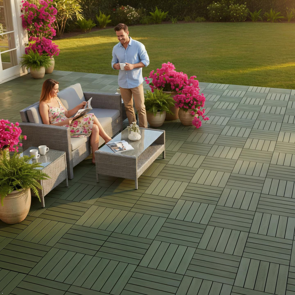 Natural Acacia 12x12 Interlocking Wood Deck Tiles for Balcony, Garden, Patio, Poolside Decor - Waterproof Indoor &