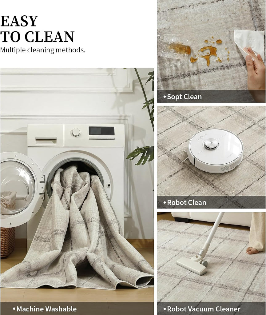 Beige Grey Distressed Plaid Area Rug