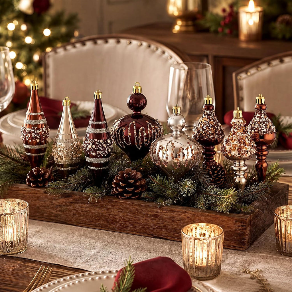 8 Pcs Vintage Finial Drop Christmas Ornaments Red Gold Brown Hanging Finial Christmas Ornaments Hanging Xmas Tree