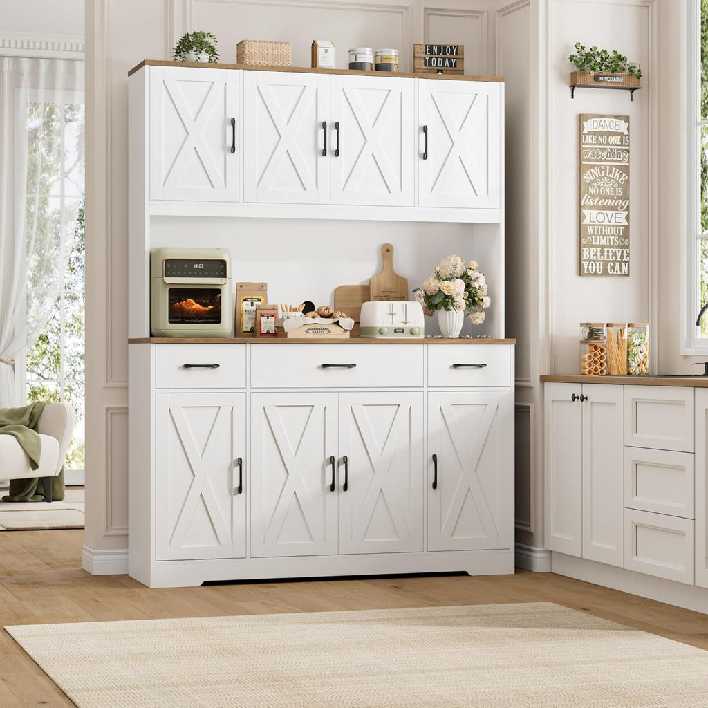 71" Tall Kitchen Pantry Storage Cabinet, 55" W Kitchen Hutch, White | Large Pantry Cabinet with Charging Station /