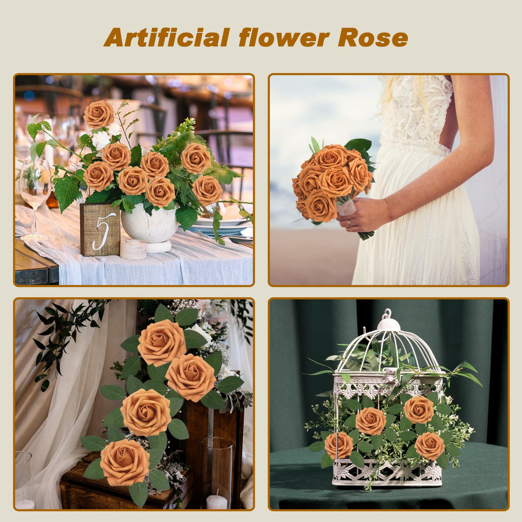 100Pcs Gold Sparrow Artificial Flowers Realistic Roses, Real Looking Fake Roses with Stem for DIY Wedding Bouquets