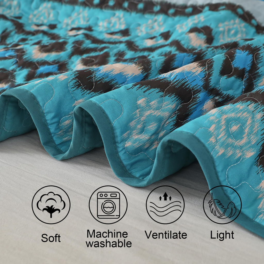 Boho Quilt Set, 3 Pcs Teal Aztec Lightweight Bedspread