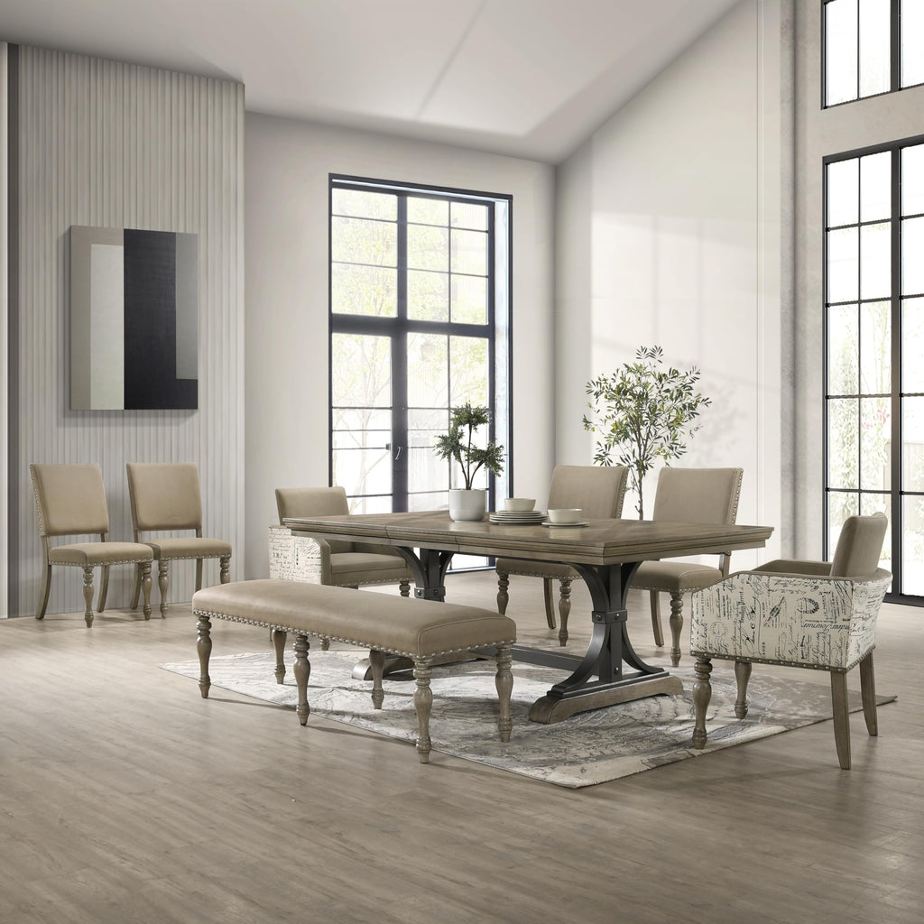 Birmingham 8-Piece Dining Set: Extendable Table with 4 Side Chairs, 2 Armchairs, and a Nailhead Bench, Driftwood