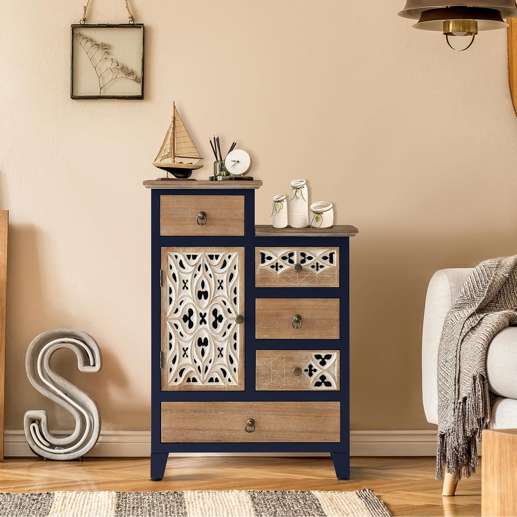 Farmhouse Accent Chest with Carved Door and 5-Drawers, Vintage Storage Cabinet Modern Dresser , Multi-Drawer