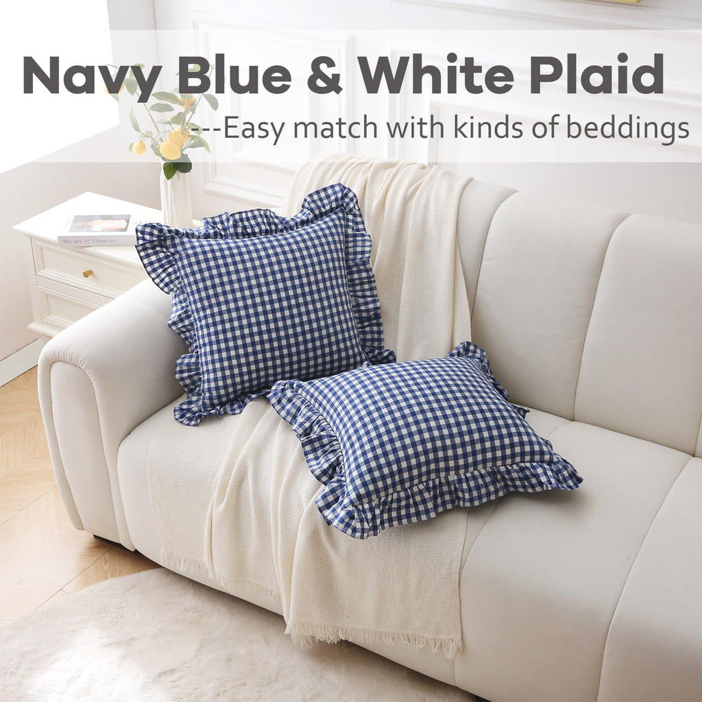2 Pack Navy Blue Gingham Ruffle Throw Pillow Covers 18''x18''