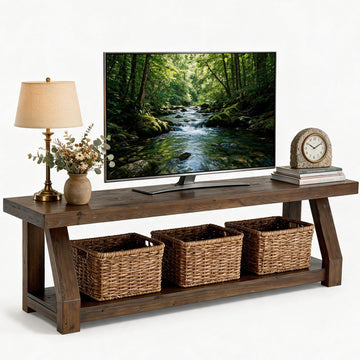 63" Solid Wood TV Stand, 2-Tier Media Console with Open Storage, Farmhouse Entertainment Center, Easy Assembly, Rich