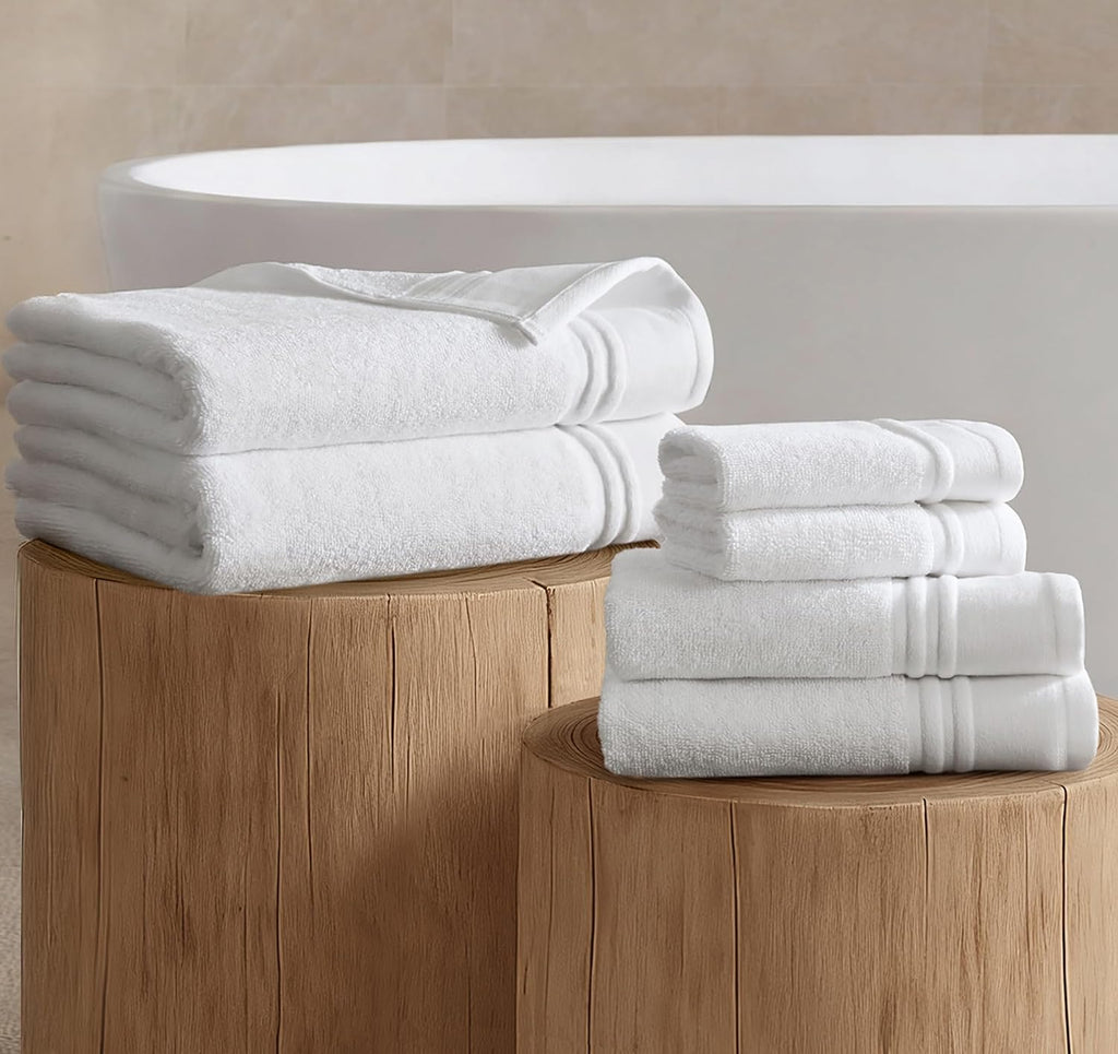 Park Roan Border Cotton Bath Towel Set Absorbent, 6 Piece, White | Microfiber, Soft Pile, Machine Washable, OEKO-TEX