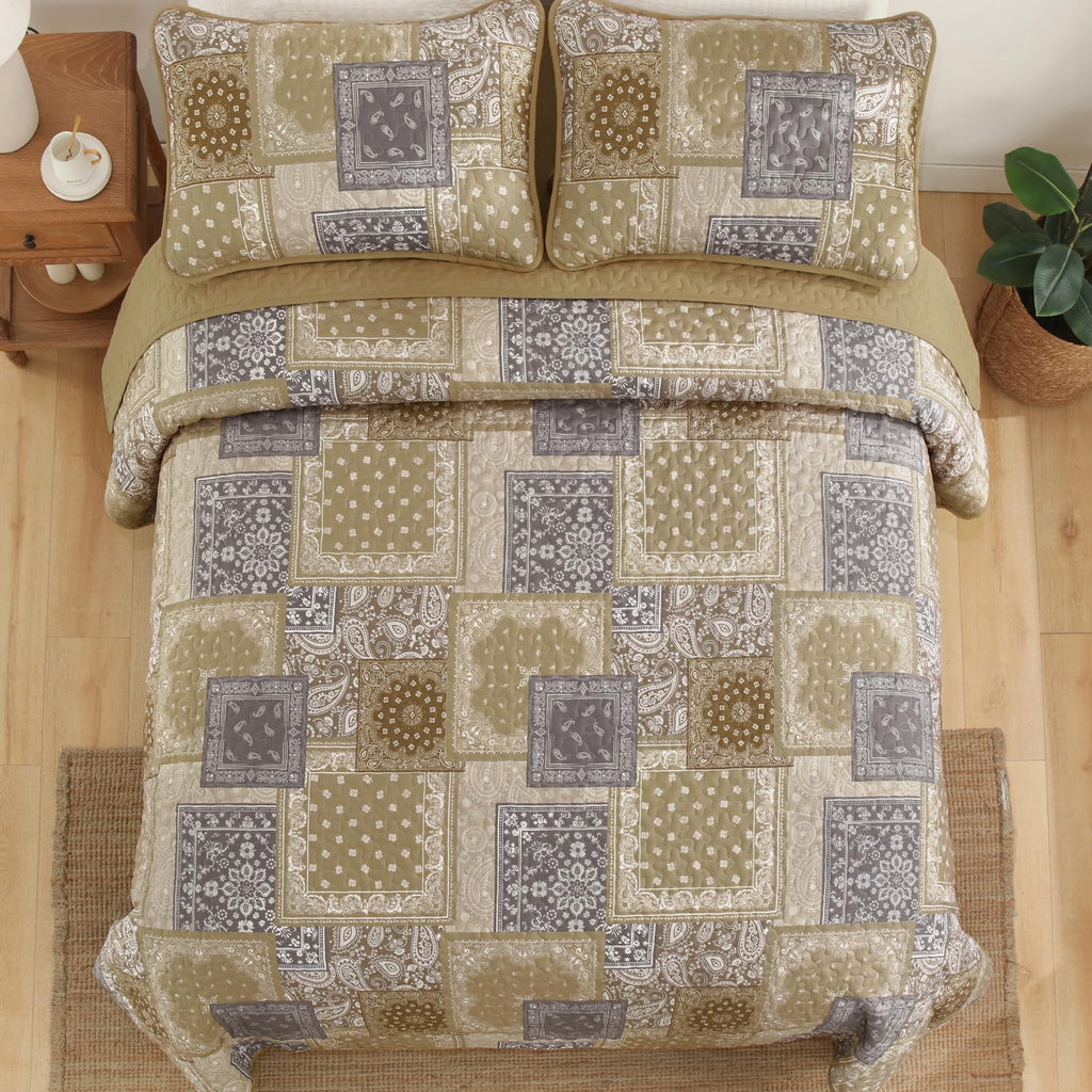Boho Quilt Set, Beige Plaid Floral Bedspread Coverlet Set