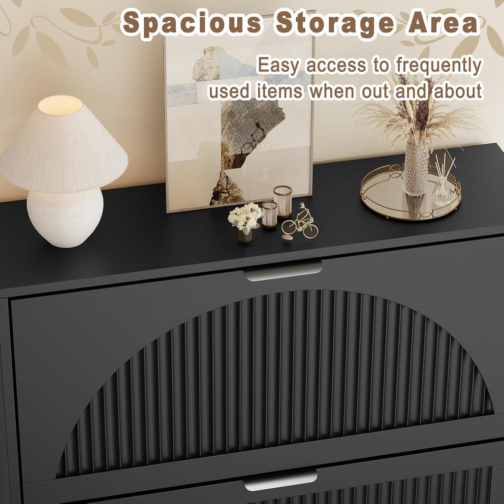 Shoe Storage Cabinet with 2 Flip Drawers, Narrow Wood Shoe Organizer Cabinet with Fluted Panel, Slim Shoe Rack