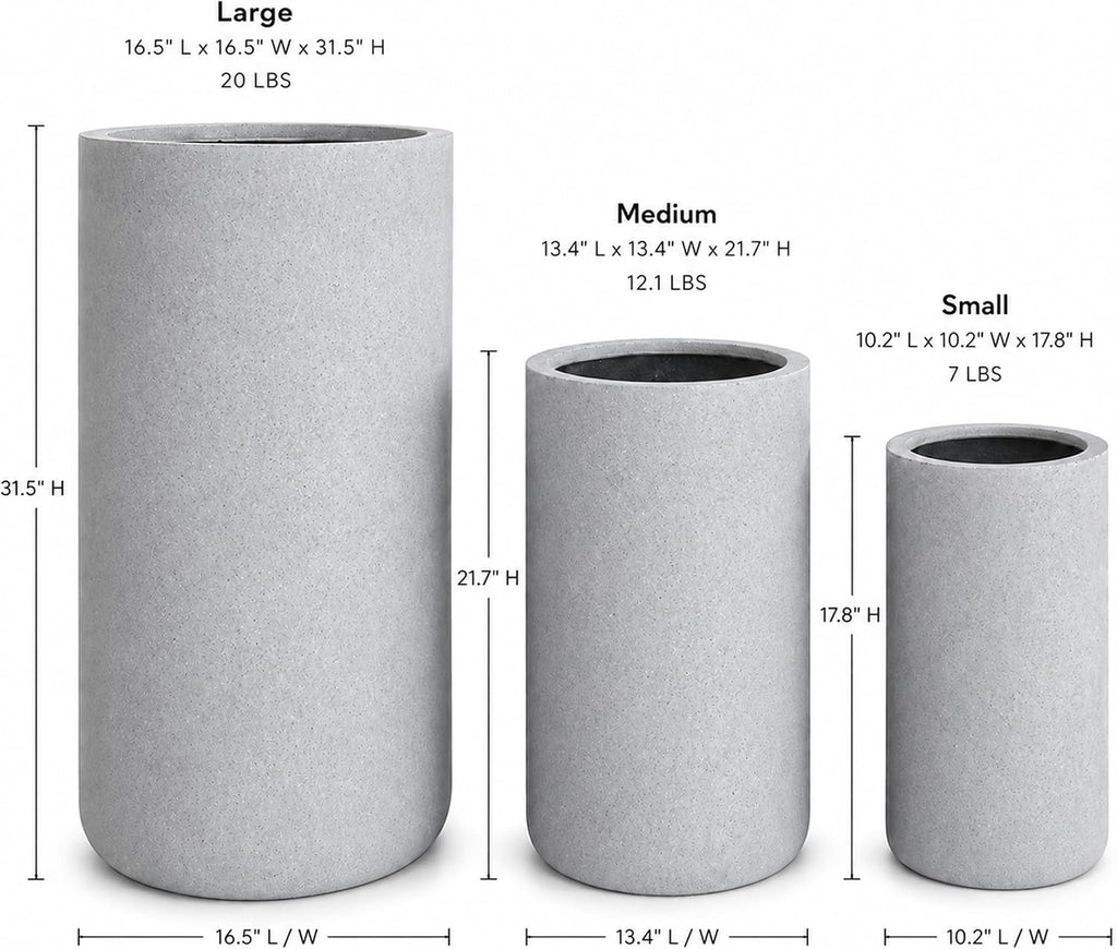 Set of 3 Tall Cylinder Polystone Indoor/Outdoor Planters, Gray